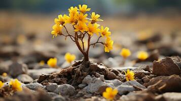 ein klein Gelb Blume ist wachsend aus von das Boden generativ ai foto