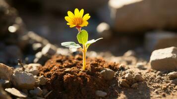 ein klein Gelb Blume ist wachsend aus von das Boden generativ ai foto