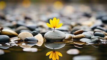 ein klein Gelb Blume ist Sitzung auf ein Felsen im das Wasser generativ ai foto