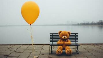 ein Teddy Bär Sitzung auf ein Bank Nächster zu ein Ballon generativ ai foto