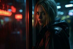 ein Frau im ein schwarz Leder Jacke Stehen im Vorderseite von ein Fenster beim Nacht generativ ai foto