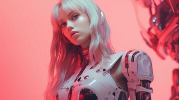 ein Frau im ein futuristisch Outfit Stehen Nächster zu ein Roboter generativ ai foto