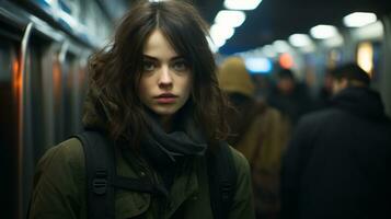 ein Frau im ein Grün Jacke Stehen auf ein U-Bahn Zug generativ ai foto