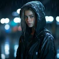 ein Frau im ein mit Kapuze Jacke Stehen im das Regen generativ ai foto