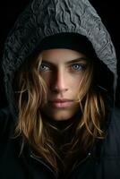 ein Frau im ein mit Kapuze Jacke mit Blau Augen generativ ai foto