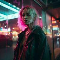 ein Frau im ein Leder Jacke Stehen im Vorderseite von ein Neon- Zeichen generativ ai foto