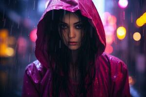 ein Frau im ein Rosa Regenjacke Stehen im das Regen generativ ai foto