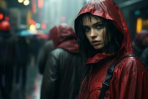 ein Frau im ein rot Regenjacke Stehen im das Regen generativ ai foto