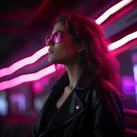 ein Frau im Sonnenbrille und Leder Jacke Stehen im Vorderseite von Neon- Beleuchtung generativ ai foto