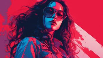 ein Frau im Sonnenbrille und ein rot und Blau Hintergrund generativ ai foto
