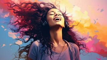 ein Frau ist Hören zu Musik- mit ihr Haar weht im das Wind generativ ai foto