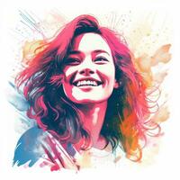 ein Frau ist lächelnd im Vorderseite von ein bunt Spritzen von Farbe generativ ai foto