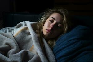 ein Frau Schlafen im Bett mit ihr Augen geschlossen generativ ai foto
