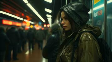 ein Frau Stehen im ein U-Bahn Bahnhof beim Nacht generativ ai foto