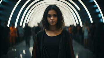 ein Frau Stehen im Vorderseite von ein Tunnel mit Menschen im das Hintergrund generativ ai foto