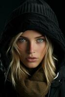 ein Frau tragen ein schwarz Jacke und Schal generativ ai foto