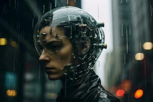 ein Frau tragen ein futuristisch Helm im das Regen generativ ai foto