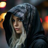 ein Frau tragen ein mit Kapuze Jacke auf ein Stadt Straße generativ ai foto
