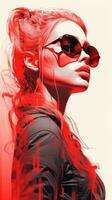 ein Frau tragen Sonnenbrille und ein rot Hintergrund generativ ai foto