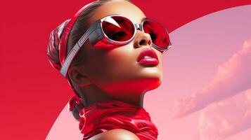 ein Frau tragen Sonnenbrille und ein rot Schal generativ ai foto