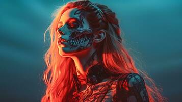 ein Frau mit ein Skelett Gesicht und rot Haar generativ ai foto