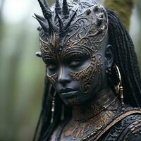 ein Frau mit schwarz Gesicht Farbe und ein Krone auf ihr Kopf generativ ai foto