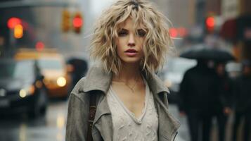 ein Frau mit blond Haar Stehen im das Mitte von ein Stadt Straße generativ ai foto