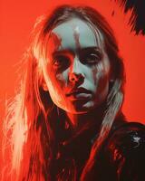 ein Frau mit Blut auf ihr Gesicht im Vorderseite von ein rot Hintergrund generativ ai foto