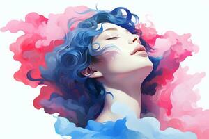 ein Frau mit Blau und Rosa Haar ist im das Luft generativ ai foto