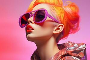 ein Frau mit hell Orange Haar und lila Sonnenbrille generativ ai foto