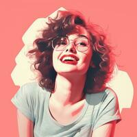 ein Frau mit Brille und lockig Haar ist lächelnd generativ ai foto
