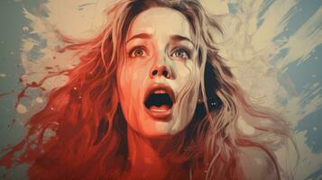 ein Frau mit ihr Mund öffnen im Vorderseite von ein rot und Blau Hintergrund generativ ai foto