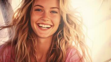 ein Frau mit lange blond Haar ist lächelnd generativ ai foto