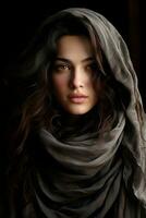 ein Frau mit lange Haar tragen ein Schal generativ ai foto