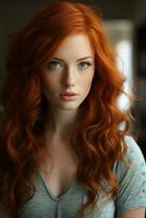 ein Frau mit lange rot Haar und Blau Augen generativ ai foto