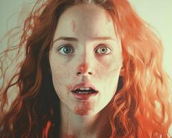 ein Frau mit rot Haar und Blut auf ihr Gesicht generativ ai foto