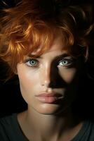ein Frau mit rot Haar und Blau Augen generativ ai foto