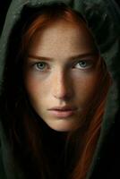 ein Frau mit rot Haar und Grün Augen generativ ai foto