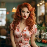 ein Frau mit rot Haar posieren im ein Restaurant generativ ai foto