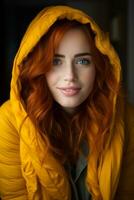 ein Frau mit rot Haar tragen ein Gelb Jacke generativ ai foto