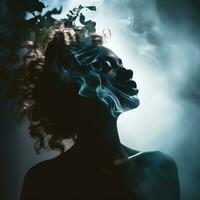 ein Frau mit Rauch Kommen aus von ihr Haar generativ ai foto