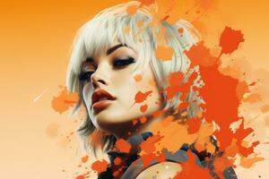 ein Frau mit Weiß Haar und Orange Farbe Spritzer auf ihr Gesicht generativ ai foto