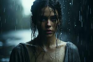 ein Frau mit nass Haar Stehen im das Regen generativ ai foto