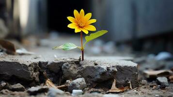 ein Gelb Blume wachsend aus von ein Riss im das Boden generativ ai foto