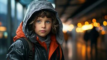 ein jung Junge im ein Orange Jacke und Kapuzenpullover generativ ai foto