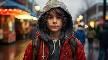 ein jung Junge im ein rot Jacke und Kapuzenpullover Stehen auf ein Straße generativ ai foto