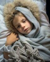 ein jung Kind Verlegung im ein Bett mit ein Decke generativ ai foto