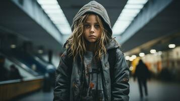 ein jung Mädchen im ein Kapuzenpullover Stehen im ein Flughafen generativ ai foto