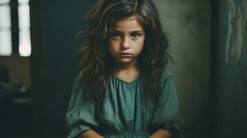 ein jung Mädchen ist Sitzung im ein leeren Zimmer generativ ai foto