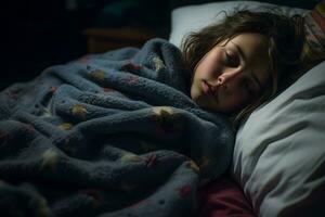 ein jung Mädchen Schlafen im Bett mit ein Decke generativ ai foto